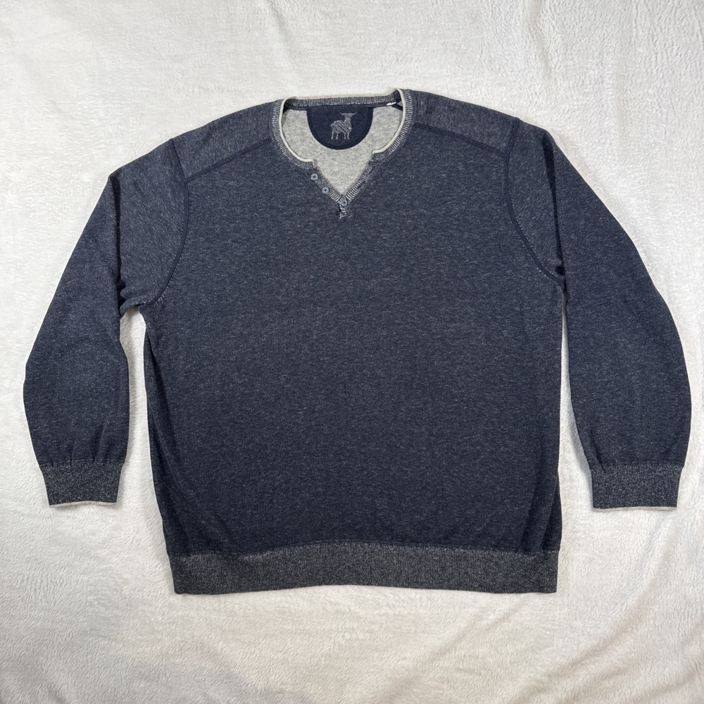 Raffi V-Neck Henley Sweater Dark Blue Heather 100% Cotton Lightweight Large‎